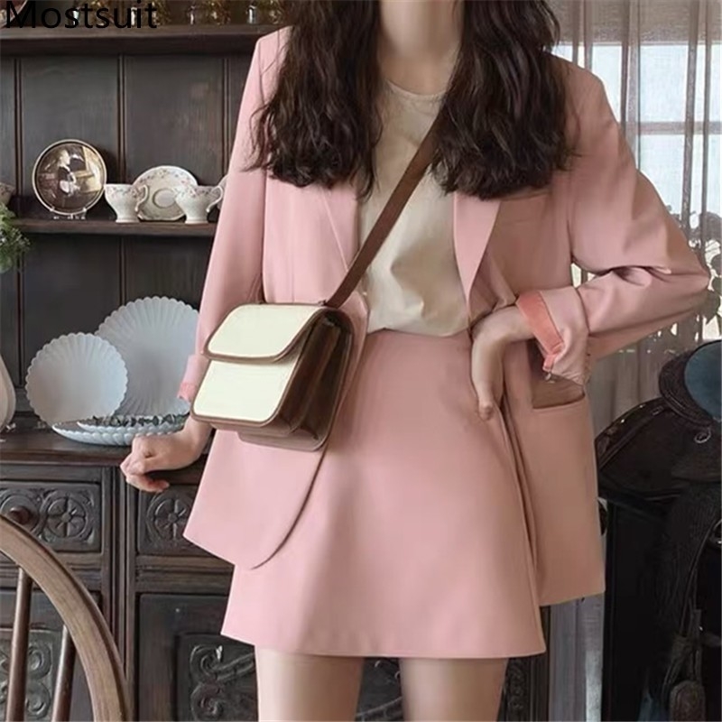 

Autumn Korean Office Two Piece Suit Sets Women Long Sleeve Blazer + High Waist Mini Skirt Suits Solid Workwear Fashion 210518, Pink set