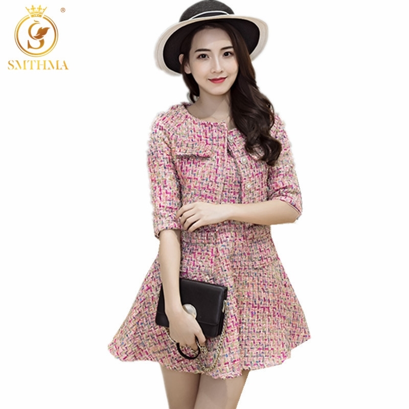 

Autumn Runway Pink Tweed 2 Piece Dress Set Winter Women Half Sleeve Short Jacket Coat + Mini Tank Wool Suits 210520, Photo color