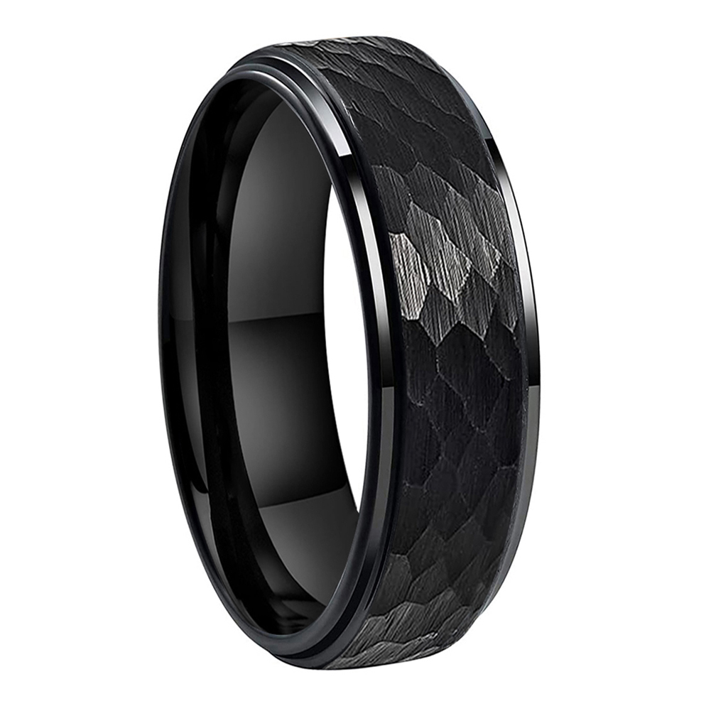 

iTungsten 6mm 8mm Men Women Black Hammered Tungsten Ring Wedding Engagement Band Fashion Jewelry Stepped Edges Comfort Fit