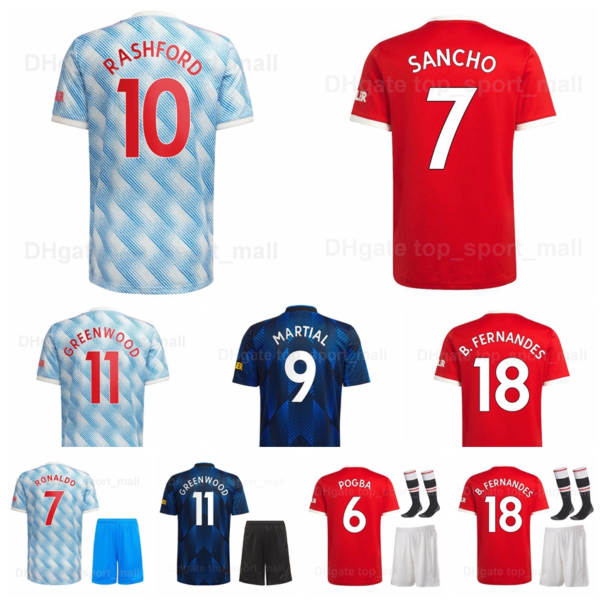 

2021 2022 Soccer 10 RASHFORD Jersey 18 FERNANDES 9 MARTIAL 11 GREENWOOD 29 WAN-BISSAKA 39 MCTOMINAY 21 JAMES Football Shirt Kits Red White Purple ManLian, Men with patch