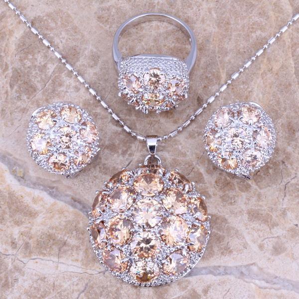 

Earrings & Necklace Brown Cubic Zirconia Silver Plated Jewelry Sets Pendant Ring Size 6 / 7 8 9 10 S0020, As pic