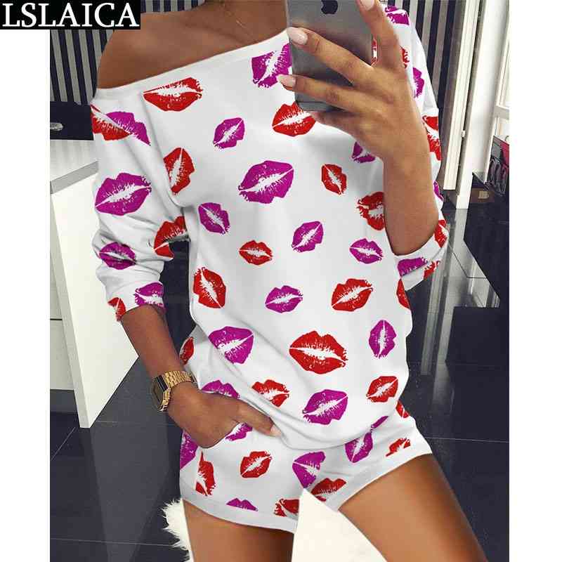 

Fashion two piece set O-neck lips print long sleeve tops&short pants 2 outfits for women casual sport 2 210520, White