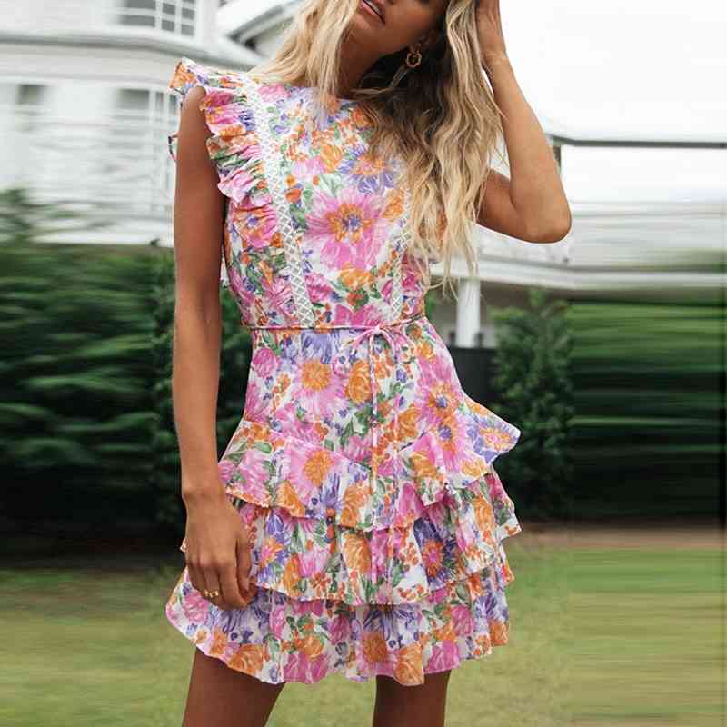 Casual Dresses Mini Cake Women Backless Flower Print Cascading Ruffle Sleeveless Bohemian Summer es Ladies Vestidos L2DY-image-703490161