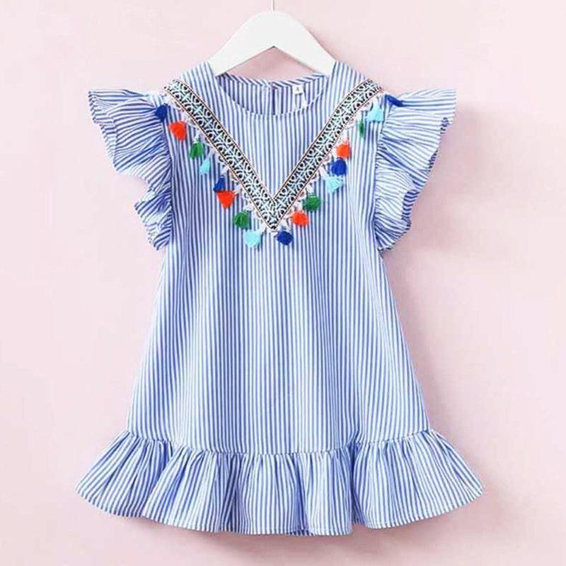 

Girl's Dresses Toddler Baby Girls Kids Summer Striped Ruffle Sleeve Tassel Collar Falbala Mini Princess Dress, Red;yellow