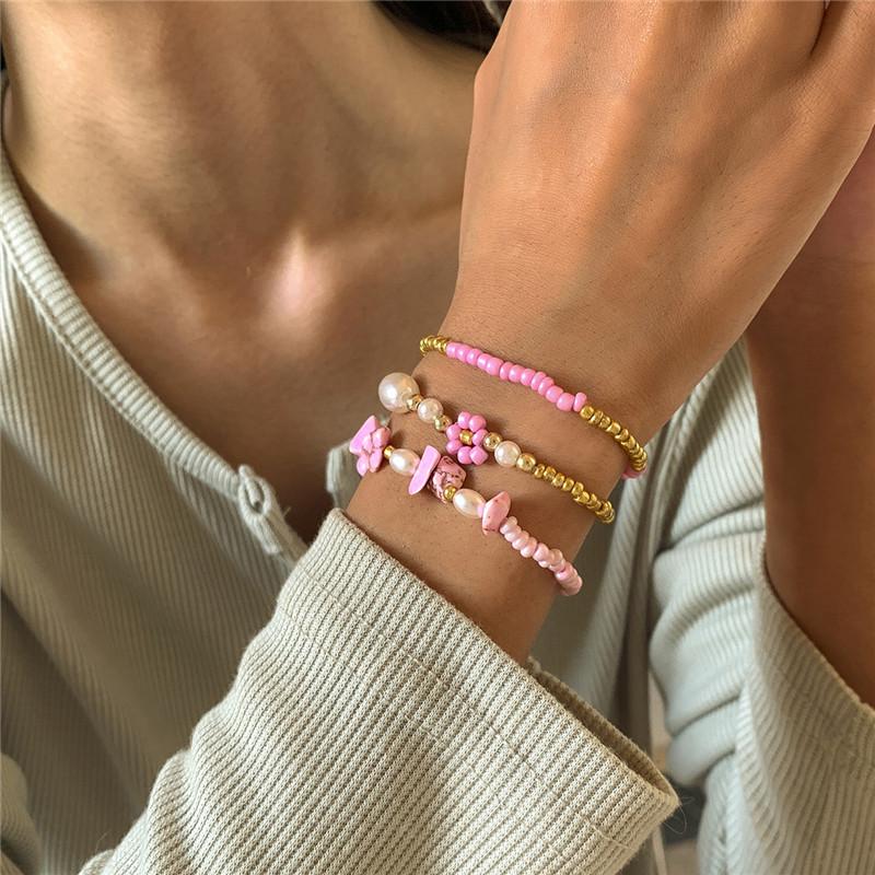 

Link, Chain 3pcs/set Boho Pink Beaded Flower Layered Bracelet Set For Women Girl Metal Geometric Charm Adjustable Bangles Party Jewelry