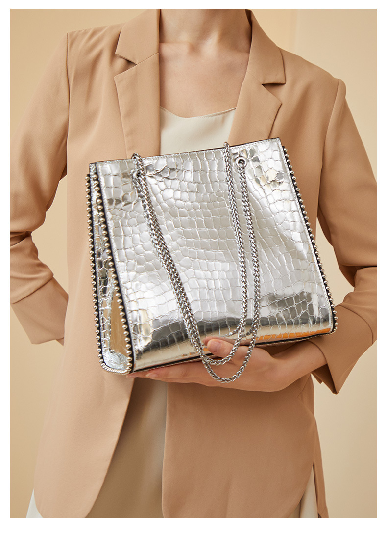 

Calfskin Genuine Leather Pearls Stone Bags Shiny Luxury Designer Fashion Large Capacity Totes Crossbody Shoulder Outdoor Trends Handbags Purse 28*13*26CM, Silver