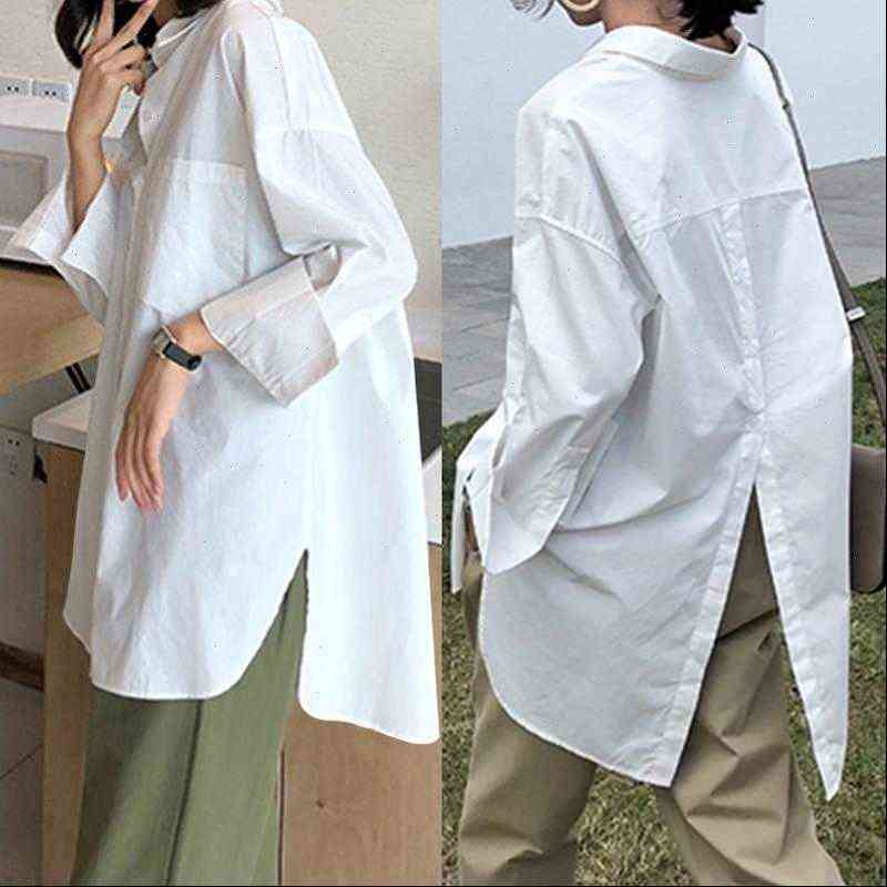 

vintage casual long sleeve womens shirts lapel tunic solid loose blouse celmia autumn pleated irregular split hem blusas, White