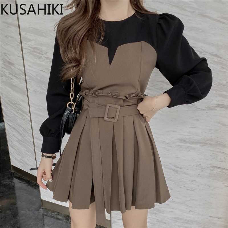 

KUSAHIKI Korean Patchwork Women Dress Fake Two Pieces Belt Slim Waist Vestidos Femme Puff Sleeve O-neck Dresses 6F104 210602, Khaki
