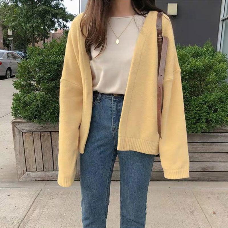 

Women' Sweaters Female cardigan solid mesh sweater yellow simple folk casual ulzzang loose student outerwear feminine top autumn in fashion XI2B, 1# shoe box