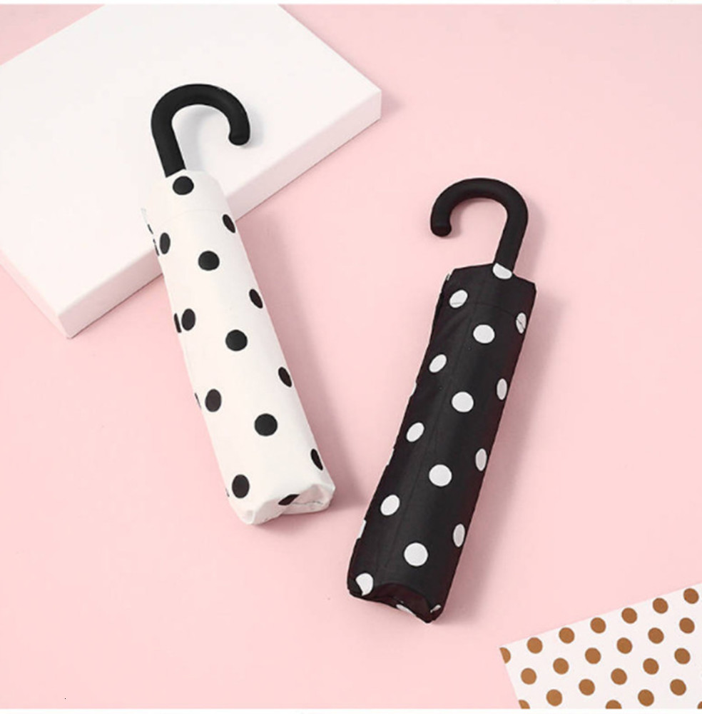 

three fold women's umbrella small curved handle folding dot straight pole fresh long