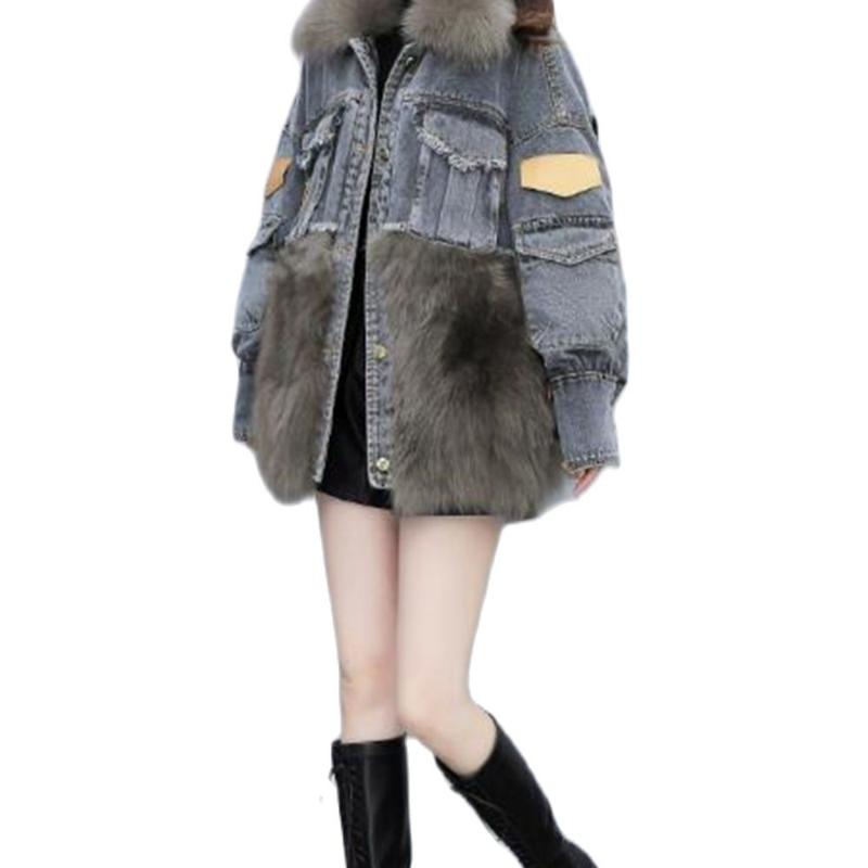 

Women's Fur & Faux M.Y.FANTASY 2021 Winter Tooling Fashion Trend Denim Stitching Thick Down Jacket W, Black