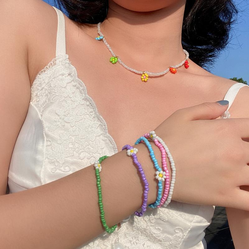 

Beaded, Strands Bohemia Lovely Daisy Flower Colorful Beads Bracelets Set For Women Girls Handmade Seed Beaded Elastic Bracelet Fashion Jewel