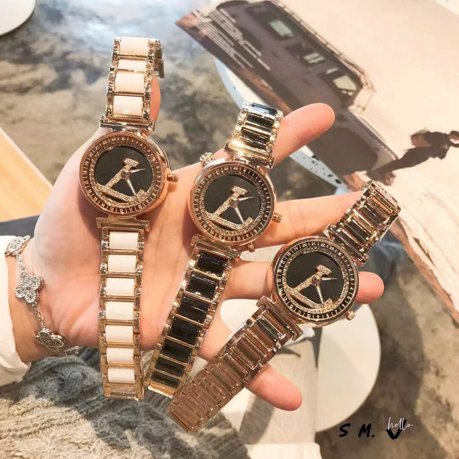 

Brand Watches Women Girl crystal Big letters style Steel Band Quartz wrist Watch L51, Rose gold