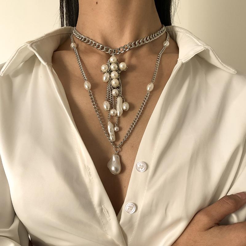 

Pendant Necklaces Tassel Chain Collar Vintage Exaggerated Style Cross Imitation Pearl Necklace Blouse Or Dress Match Women Jewelry Gift
