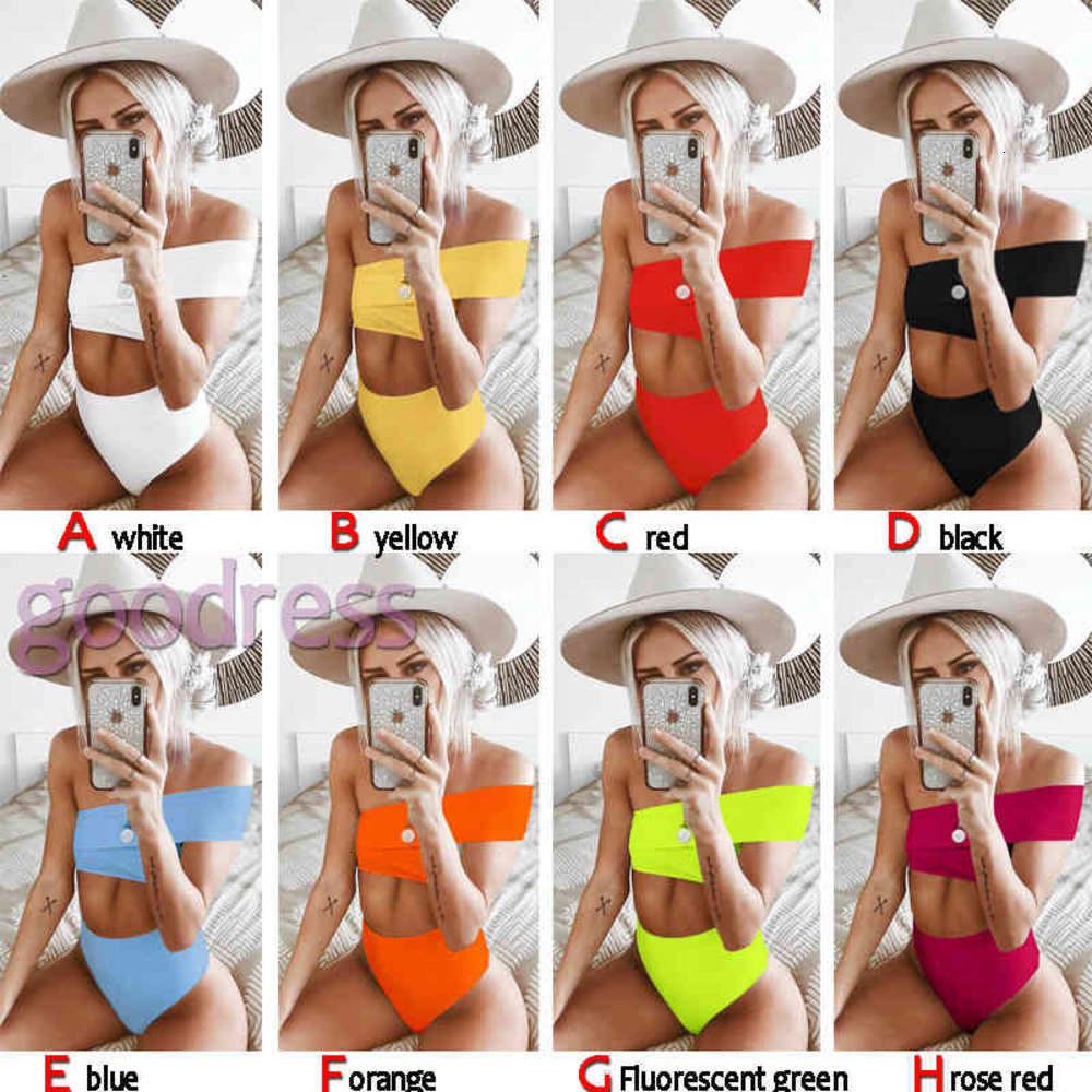 

Women Sexy Bikini One Shoulder Two Piece Swimsuit Solid Irregular Off Shoulder Bandage Split Top High Waist Thong Swimwear Bathing Suit, Yellow