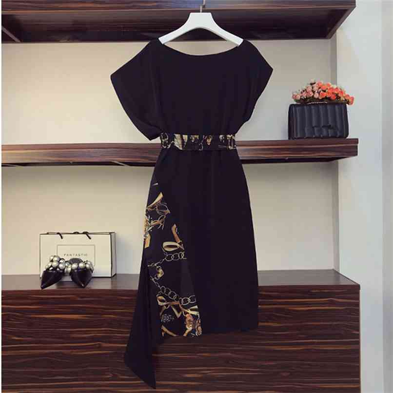 

Vintage Printted Chiffon Mid Dress Women Summer Batwing Sleeve O-neck Elastic Belt Loose Irregular OL 210602, Black