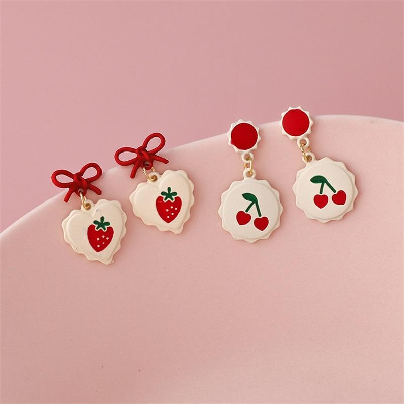 

Dangle & Chandelier Japan And South Korea Small Fresh Love Strawberry Cherry Fruit Women's Earrings Fashion Red Bow Enamel Metal Girls Jewel