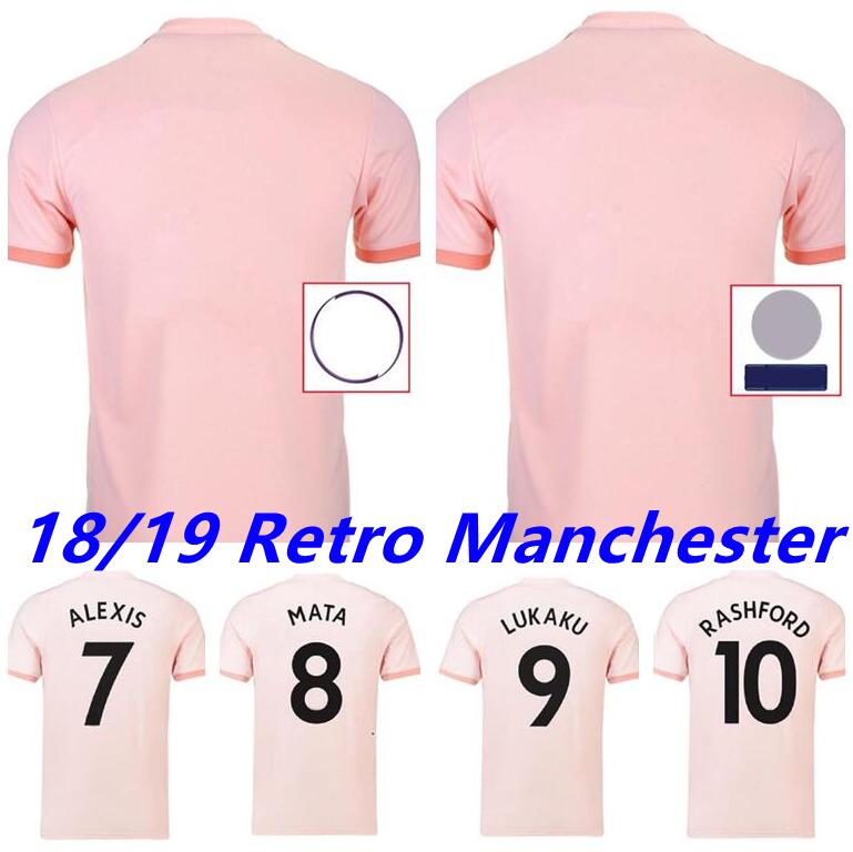 

Retro Manchester ALEXIS POGBA RASHFORD LUKAKU away pink Soccer Jersey 18/19 YOUNG MATA UNITED adult men Sport football shirt, Black;yellow