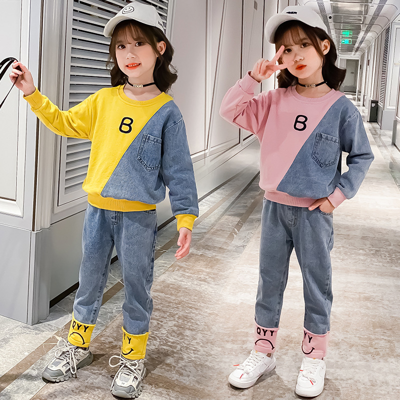 

Fashion Clothes Set for Kids Girls Cotton O-neck Jeans Sweatshirts + Pants Teenage Patchwork Denim Tracksuits Spring Suits 12Y, White