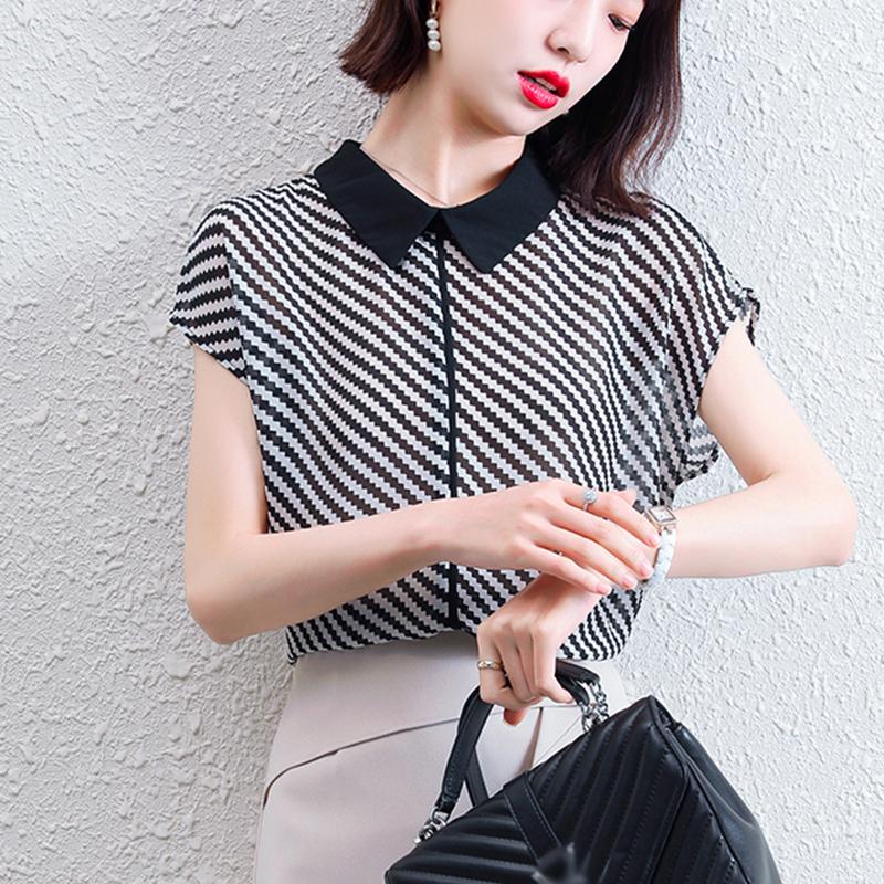 

Women' Blouses & Shirts 2021 Summer Short Sleeve Elegant Shirt Women Casual Striped Office Womens Clothing Plus Size Top, Photo