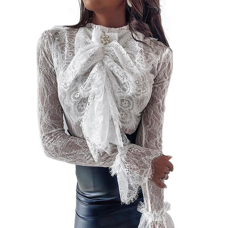 

Women' Blouses & Shirts 2021 Women White Lace Elegant Blouse Flare Long Sleeve Ladies OL See Through Casual Loose Tops