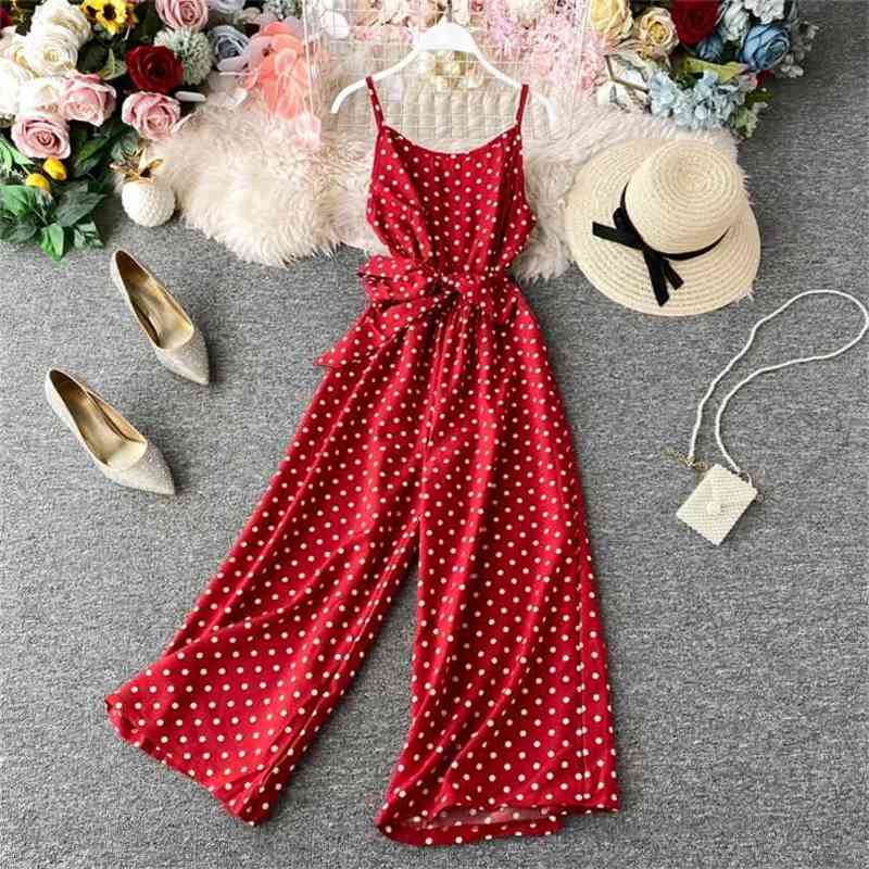 

Summer Long Pants Jumpsuits Fashion Women Vintage Dot Slim High Waist With Belt Bandage Rompers Ladies Elegant Playsuit 210525
