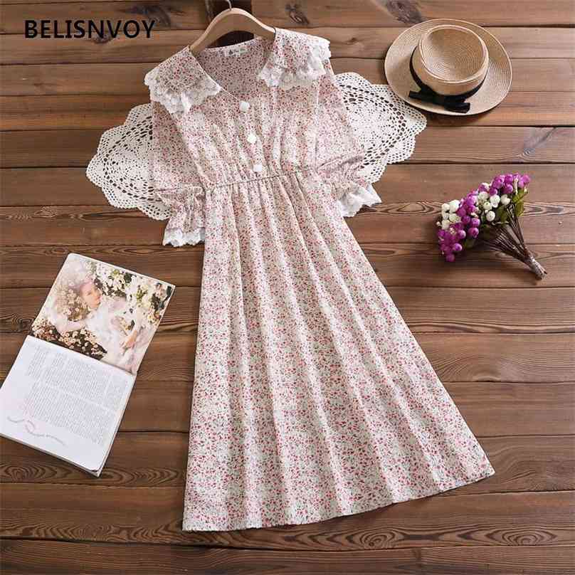 

Retro Floral Printed Elegant Dresses Women Spring Female Long Sleeve Peter Pan Collar Lace Chiffon Midi Dress A-line Vestidos 210520, Red