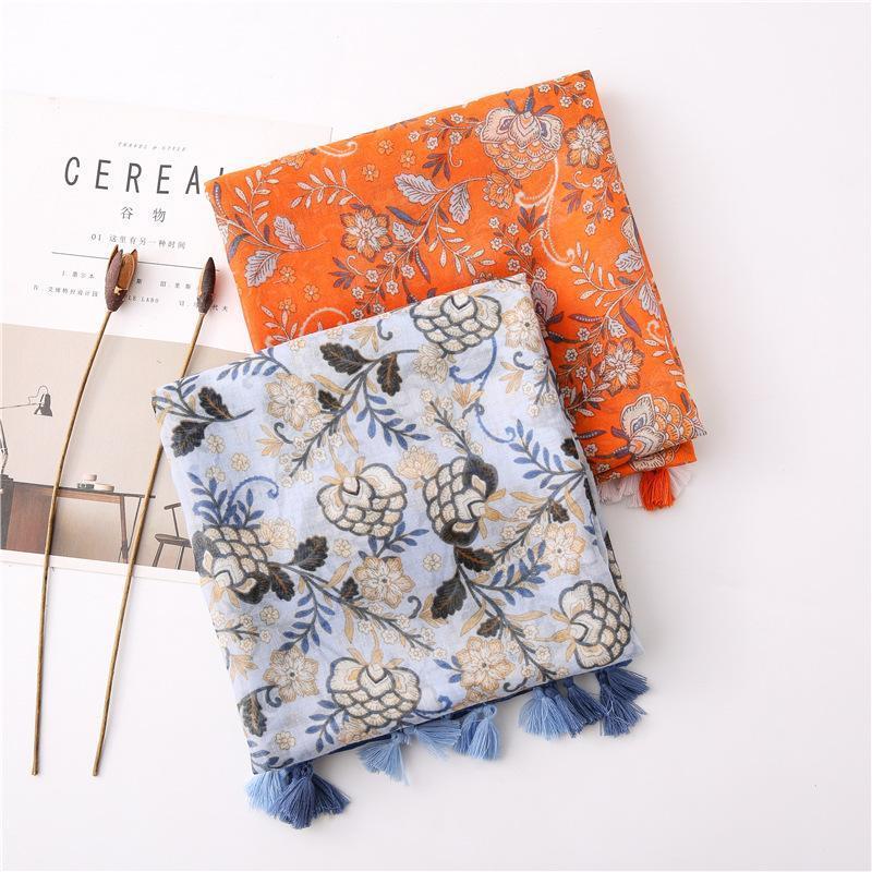 

Scarves 2021 Spring Flower Print Tassel And Shawls Beach Soft Viscose Floral Pattern Blossom Wrap Scarf Hijab