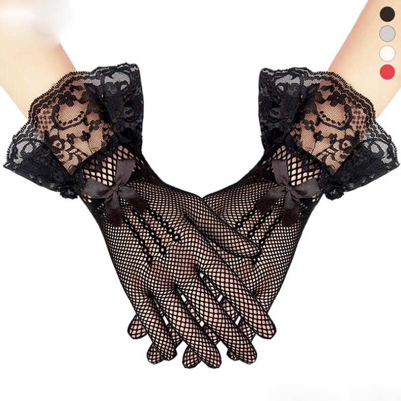 

Women Lady Mesh Fishnet Gloves Sexy Lace Bowknot Wrist Summer Sunscreen Driving Evening Party girls Glove Black White