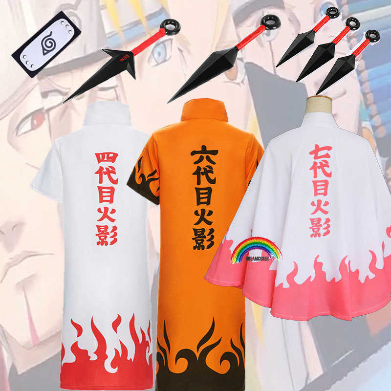 

4PIS Anime Cosplay Halloween Christmas Party Costume Cloak Cape Seventh Hokage Sixth Fourth Cloak Weapon Kunai Headband Y0903, Sixth hokage set 2