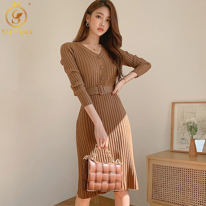 

Sexy V-Neck Lace Up Women Sweater Dresses Elegant Autumn Winter Female Knit Jumpers Vestidos 210520, Photo color