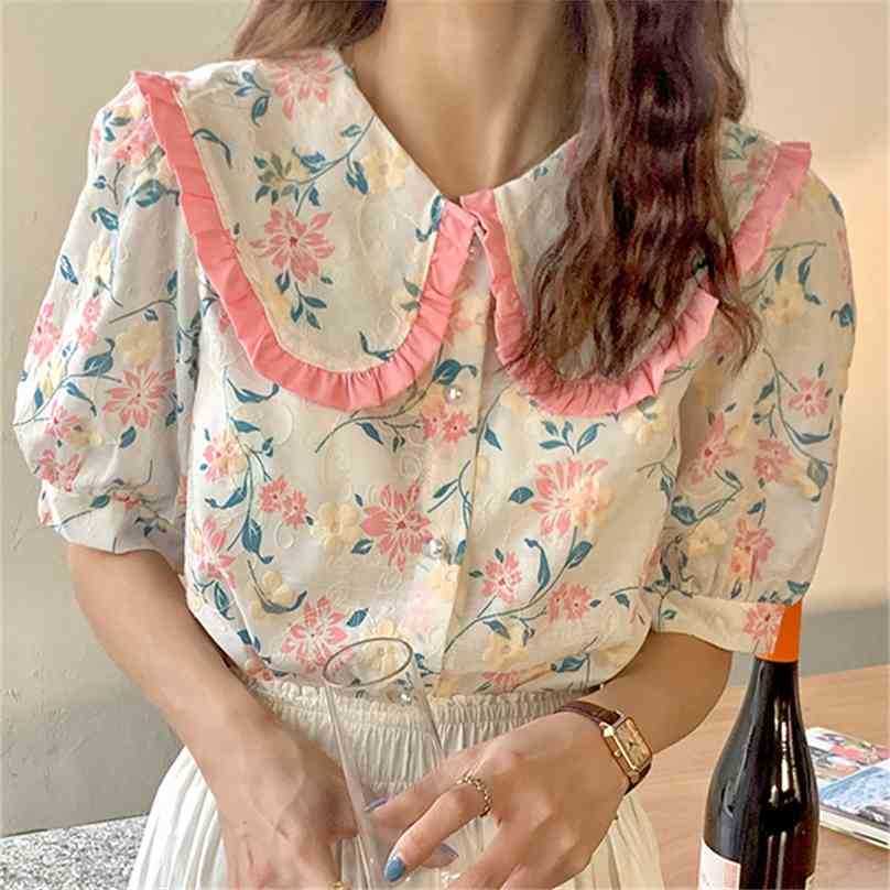 

Retro Loose Florals Peter Pan Collar Vintage Chic Printed Half Sleeve Shirts Summer Lady Elegant Sweet Femme Tops 210525, Green