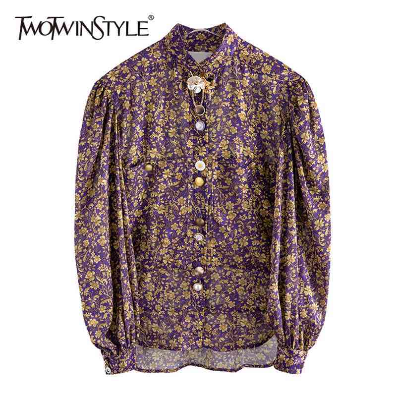 

Elegant Print Floral Shirt For Women Stand Collar Long Sleeve Hit Color Casual Blouse Female Fashion Spring 210524, Purple