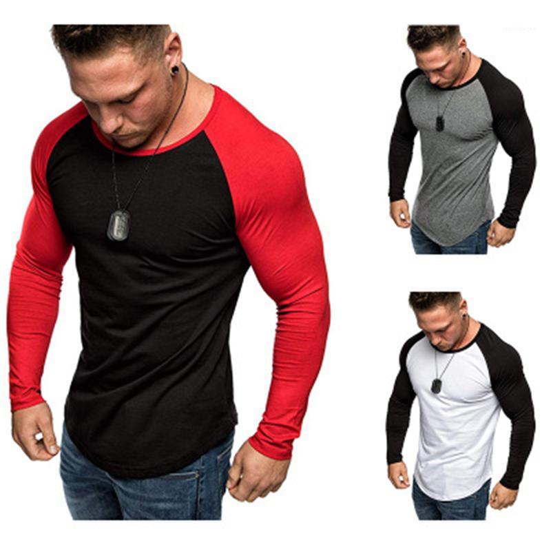 

Color Tshirt Fashion Trend Long Sleeve Casual Fitness Skinny Tops Tees Spring Male New Round Neck Slim Tshirt Mens Splicing Solid, White;black