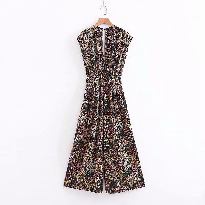 

Summer Floral V neck Sleeveless Jumpsuits High Waist Printed Wide Leg Trousers Rompers Casual Vacation Pants XZ2401 210525, Beige