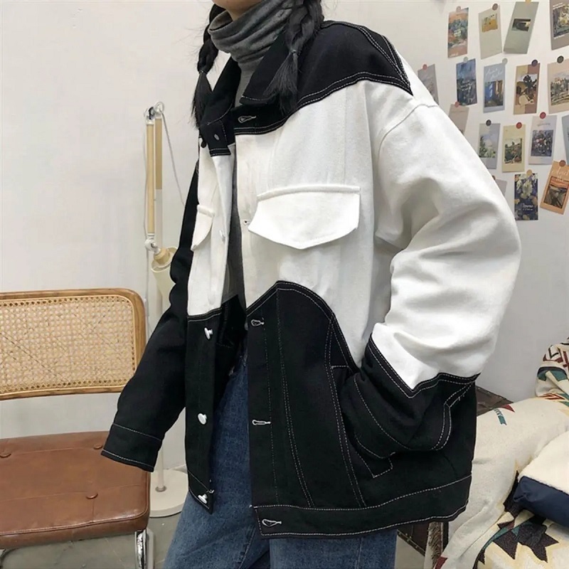 

Women's Fur & Faux Hip-hop streetwear Korean gothic black white sewing denim vintage loose long-sleeved leather jacket harajuku punk outwear VRBE, 1# shoe box