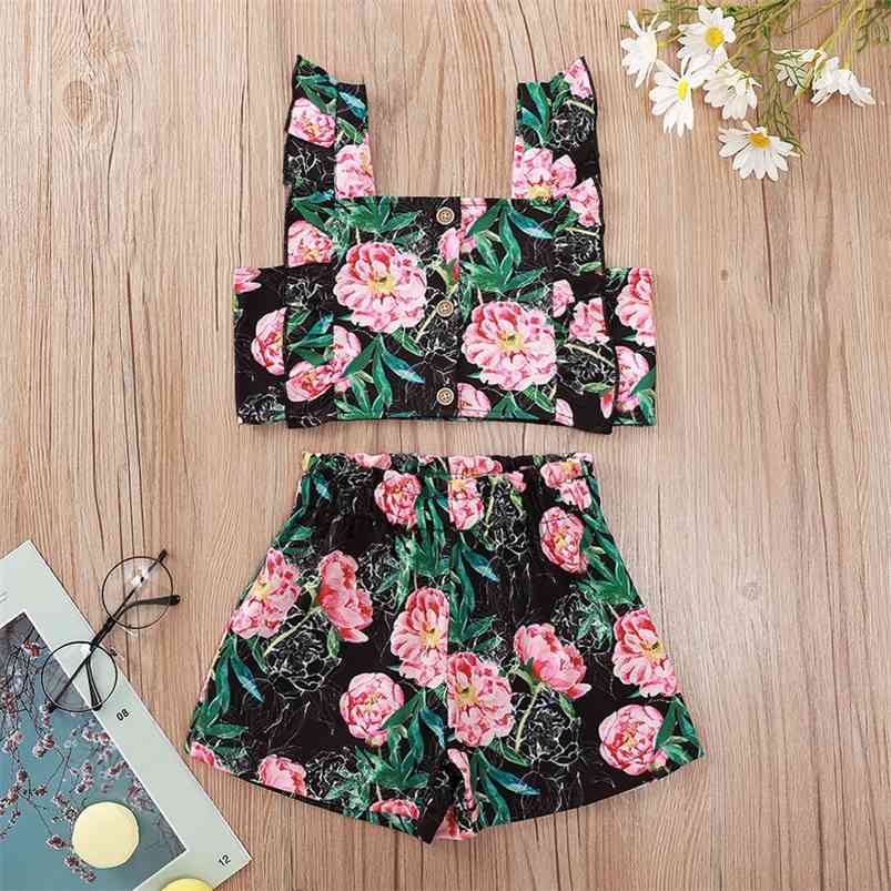 

Summer Children Sets Sleeveless Single Breasted Tops Print Floral Shorts Cute Girls Boys Clothes Set 1-8T 210629, Pink