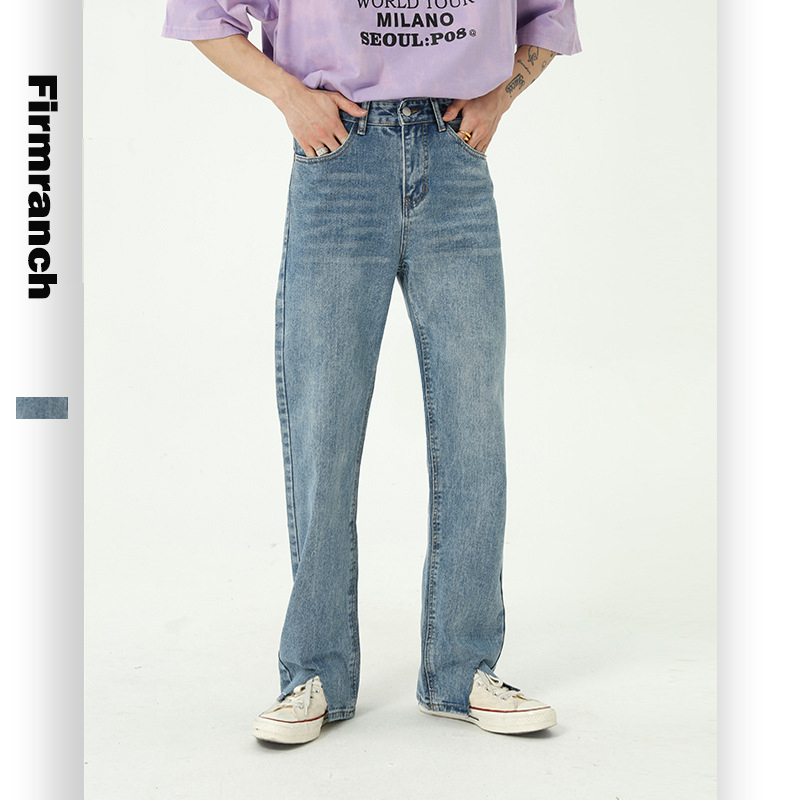 

Firmranch Spring Men/Women Split On Cuff Straight Leg Long Retro Slacks Japanese&Korean Style Vintage 90s Jeans Pants, Blue