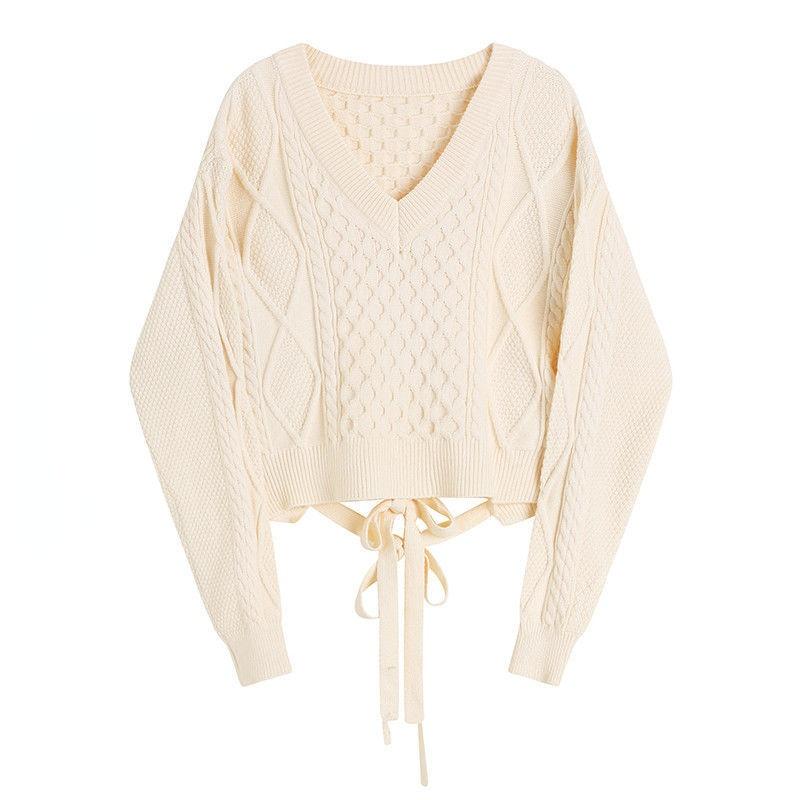 

Women's Sweaters Fashion Design Argyle Women Sweater Pullovers Winter Loose Back Bow Short Casual Female Pulls Outwear Coats Tops, White;black