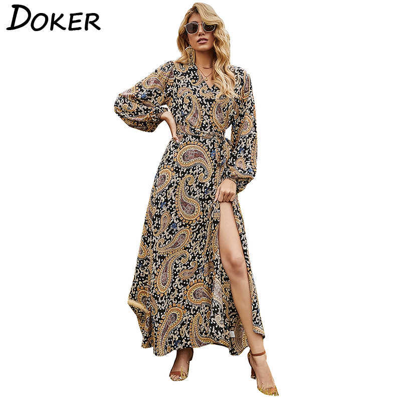 

Spring Women Long Dress V Neck Lantern Sleeve Floral Dresses Female Loose Vintage Temperament Vestido De Damas 210604, Black