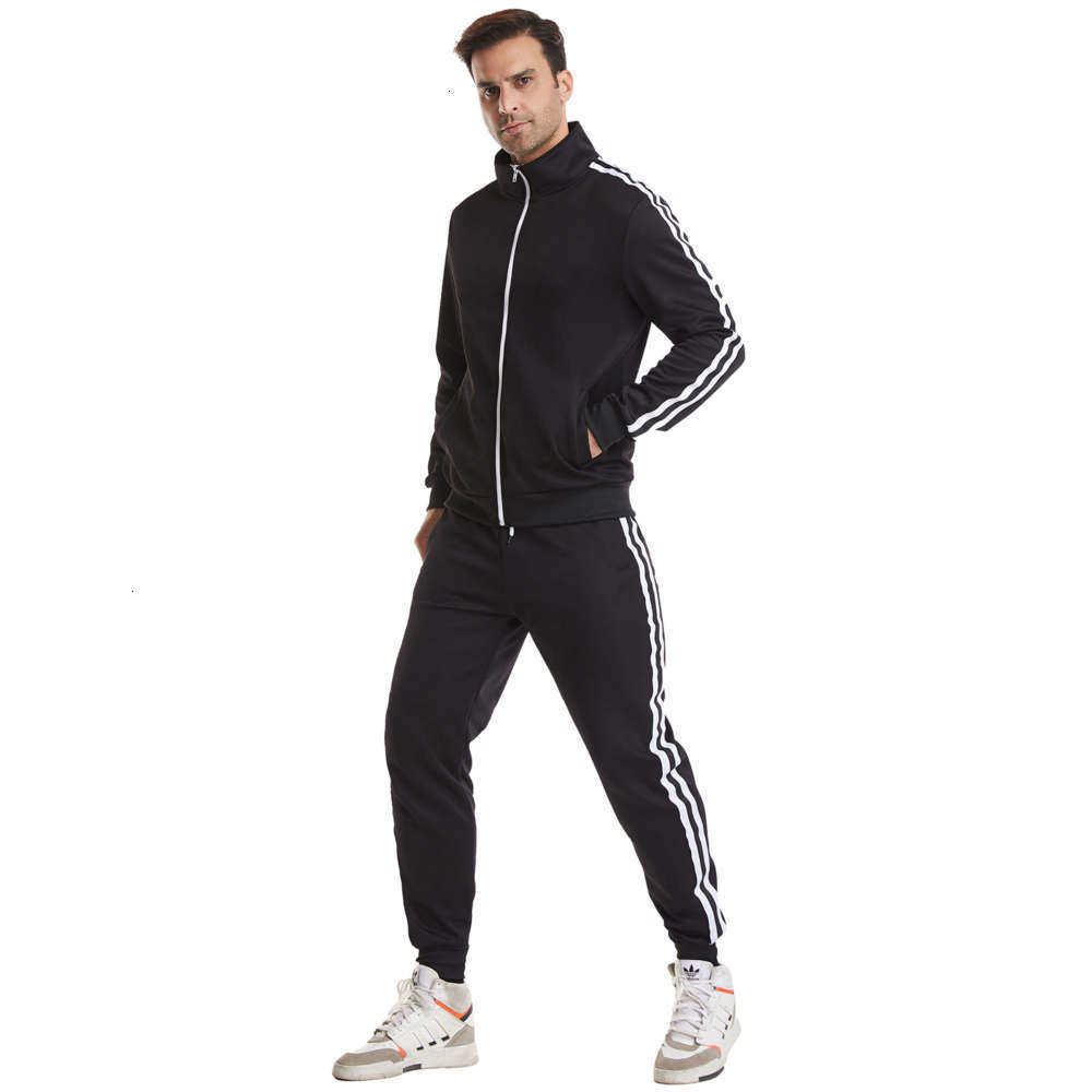 

2021 men's tracksuit European American spring and autumn new double stripe splicing casual suit fashion sportswear wear opp handbag package, White