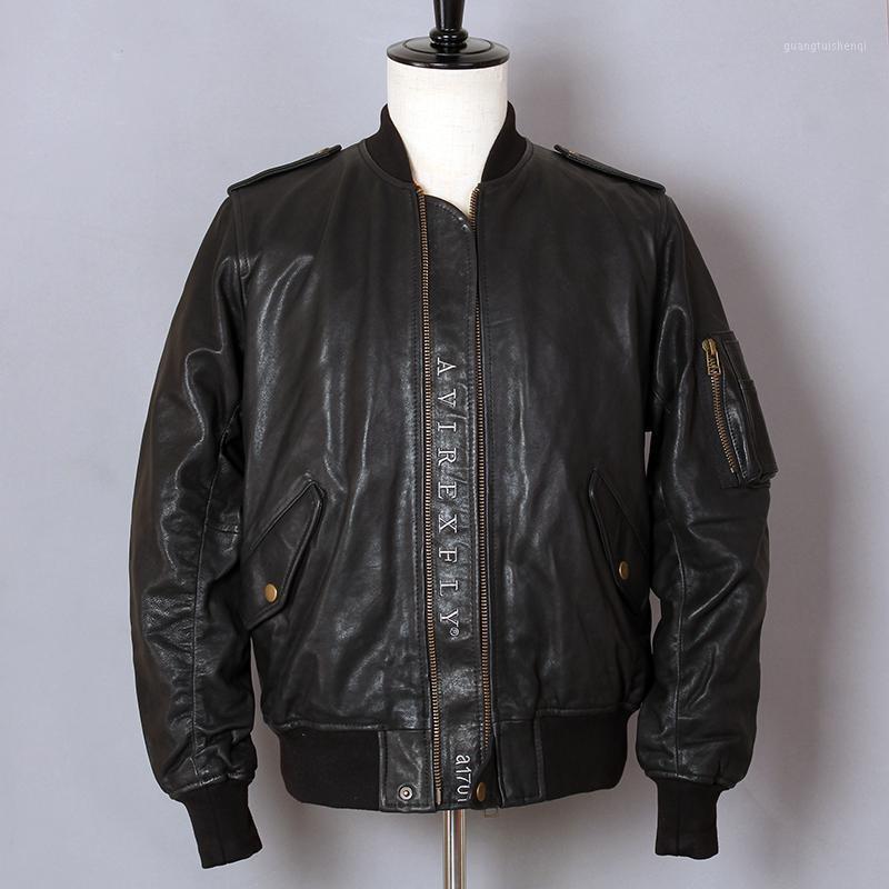 

Fashion AVIREX Flight Jacket Sheepskin Genuine Leather Men Motorcycle Biker Coat Black Bomber Baseball Uniform Men's & Faux