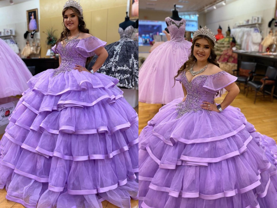 

2022 Pretty Lavender Layered Puffy Skirt Quinceanera Dresses Ball Gown Off Shoulder Plus size Crystal Rhinestones XV Vestido de Sweet 15 Prom Evening Dress, Coral