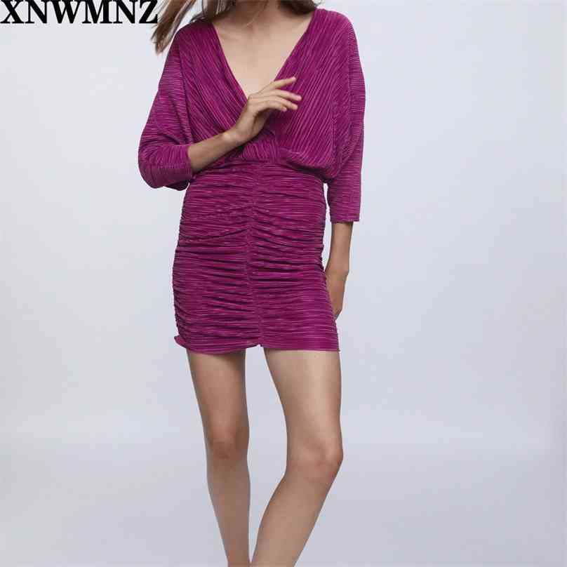 

women mini dress with draped Dress a surplice neckline and long sleeves Elastic waist Tied fastening at the back 210520, Purple
