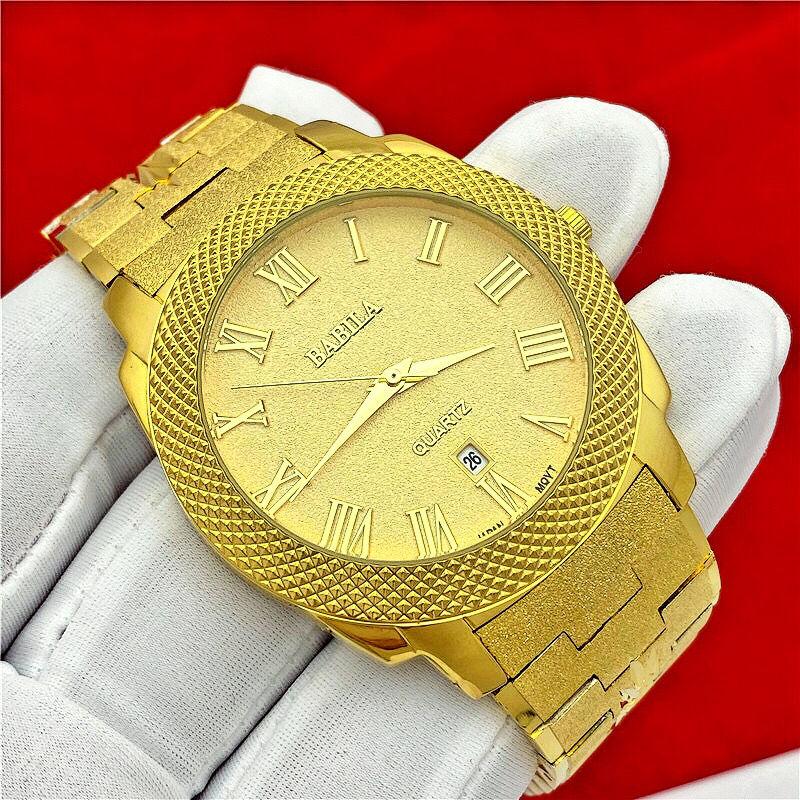 Wristwatches 2021 Men's Watch Business Gold Calendar Roman Number Retro Fashion Tan Carved Pattern 24K Waterproof-image-720929817