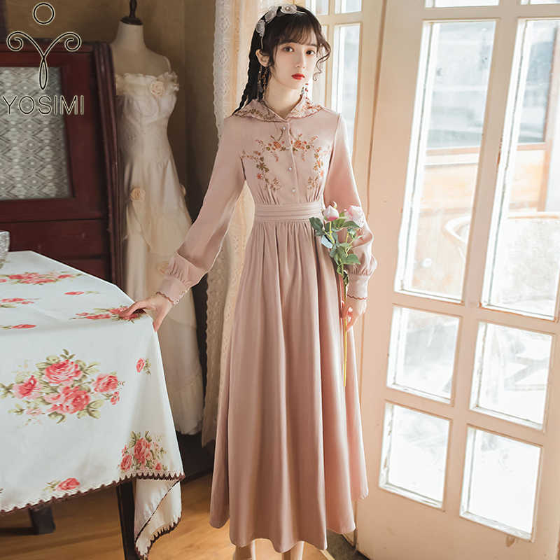 

YOSIMI Long Women Dress Elegant Autumn Floral Embroidery Mid-calf Sleeve Pink Sweet Girl Cute Evening Party 210604