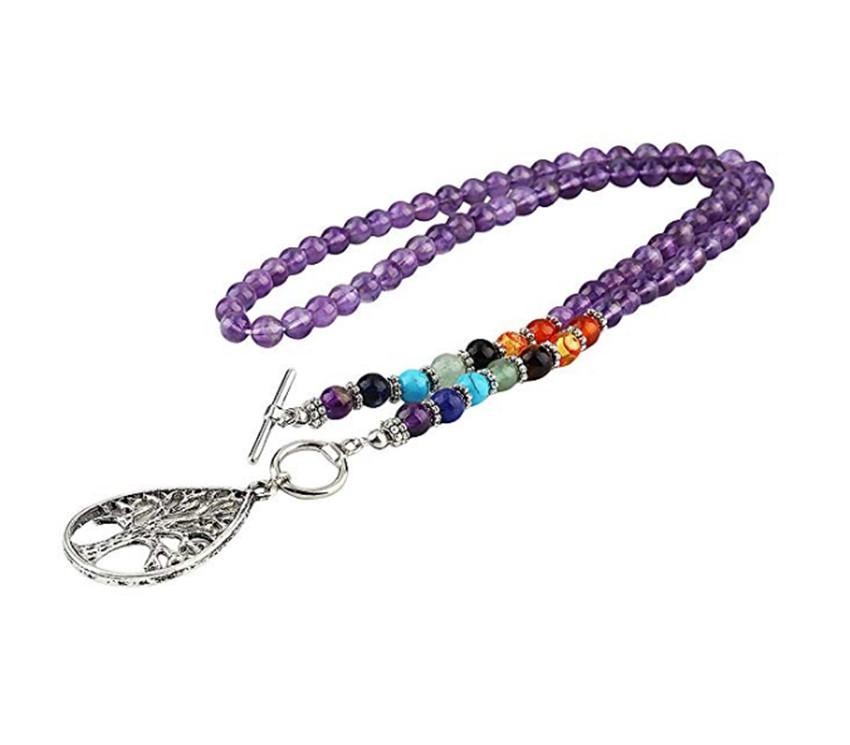 

Pendant Necklaces FYJS Unique Silver Plated Alloy Tre Of Life Water Drop Long Round Stone Beads Chain Necklace Healing Chakra Jewelry