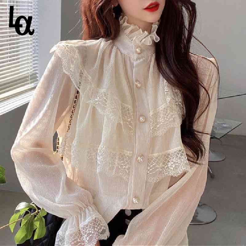 

Spring Womens Tops and Blouses Vintage Chiffon Blouse Button Long Sleeve Elegant Shirt Women Korean Style Ladies Top 210519, Black
