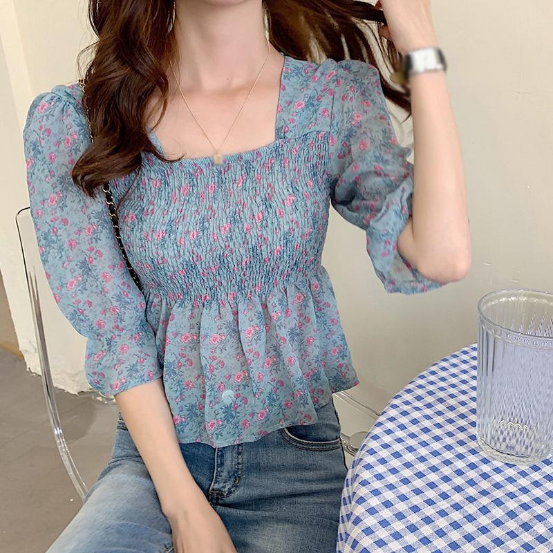 

Women's Blouses & Shirts Women Shirt Temperament Floral Print Square Collar Half Sleeve Chiffon Sweet Petal Blouse For Ladies, Blue