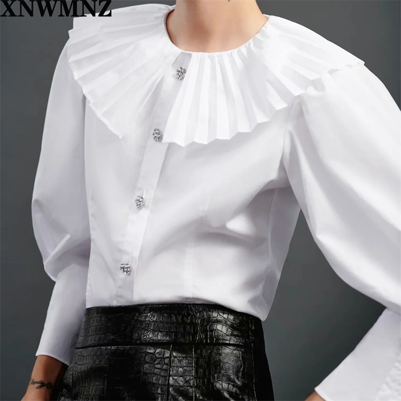 

Woman Ruffled collar Button decoration White Shirt Femme Long sleeve Blouse Casual Lady Loose Tops Smock Blusas 210520